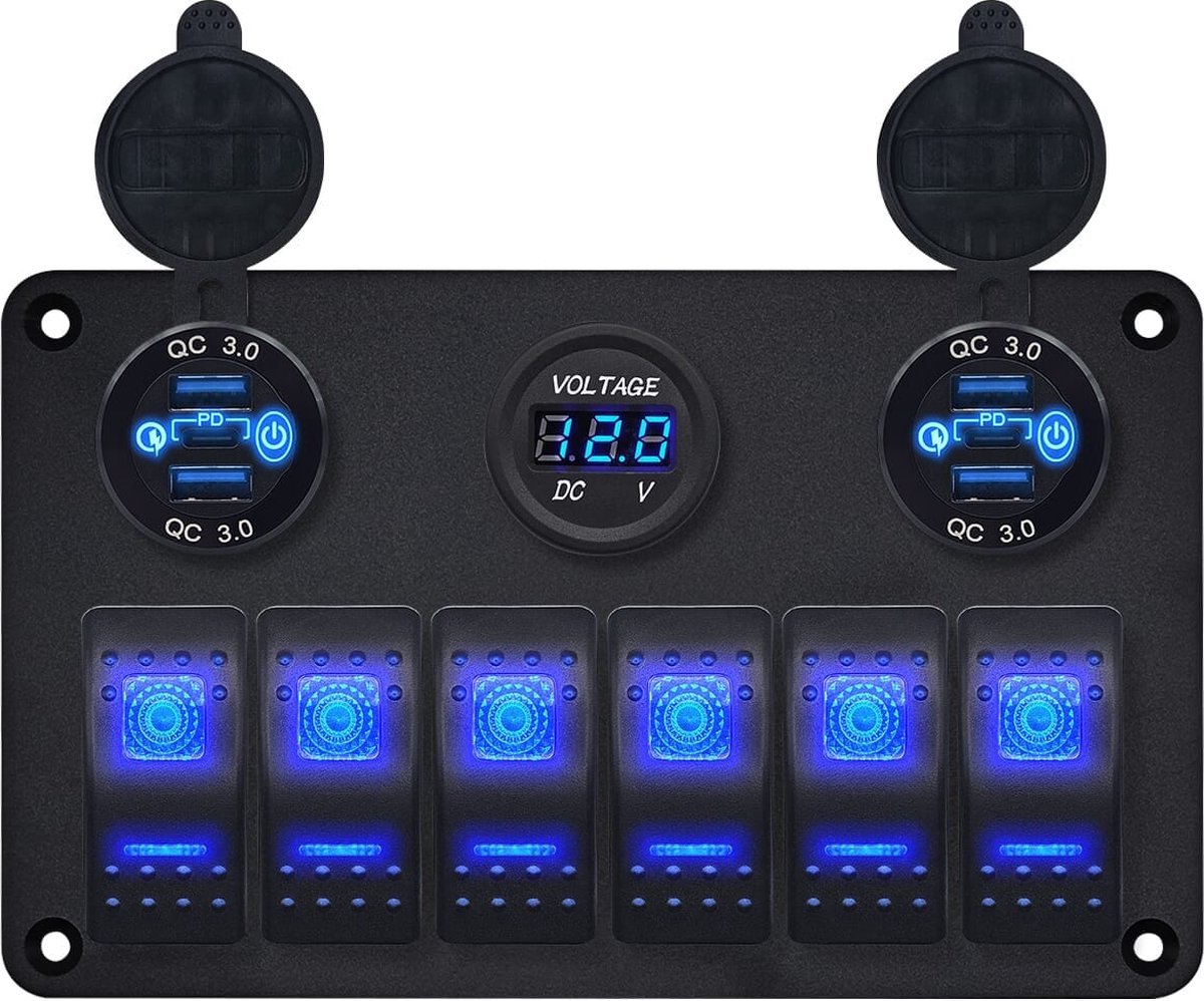 ProRide Schakelpaneel 12V voor Auto/Boot - USB Lader 6 Poorten met Voltmeter - QC3.0 - 6 Schakelaars