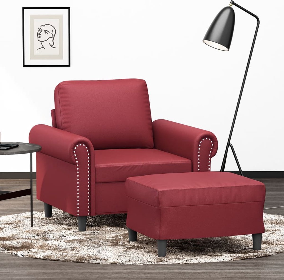vidaXL Fauteuil - met - voetenbank - 60 - cm - kunstleer - wijnrood