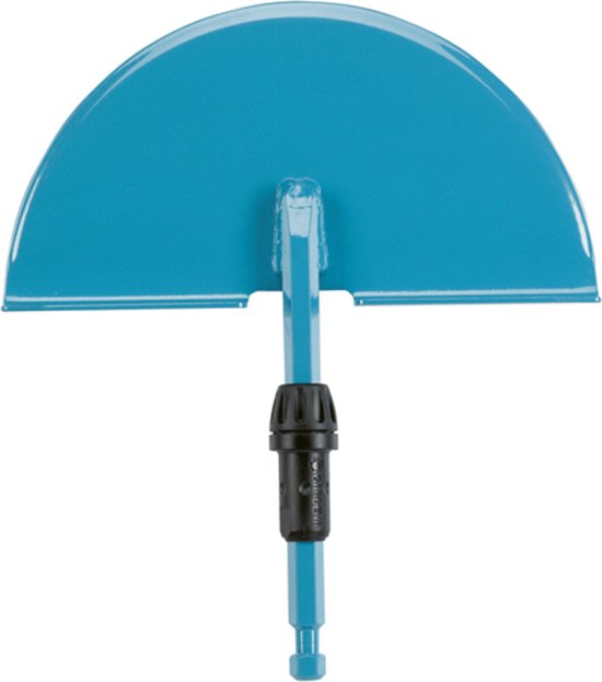 Turquoise halfronde grasafsteker met zwart handvat en zeskantige steel.