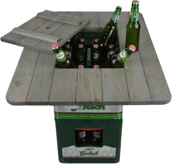 Grijze houten statafel met openklapbaar bovenblad, gevuld met Grolsch bierflessen.
