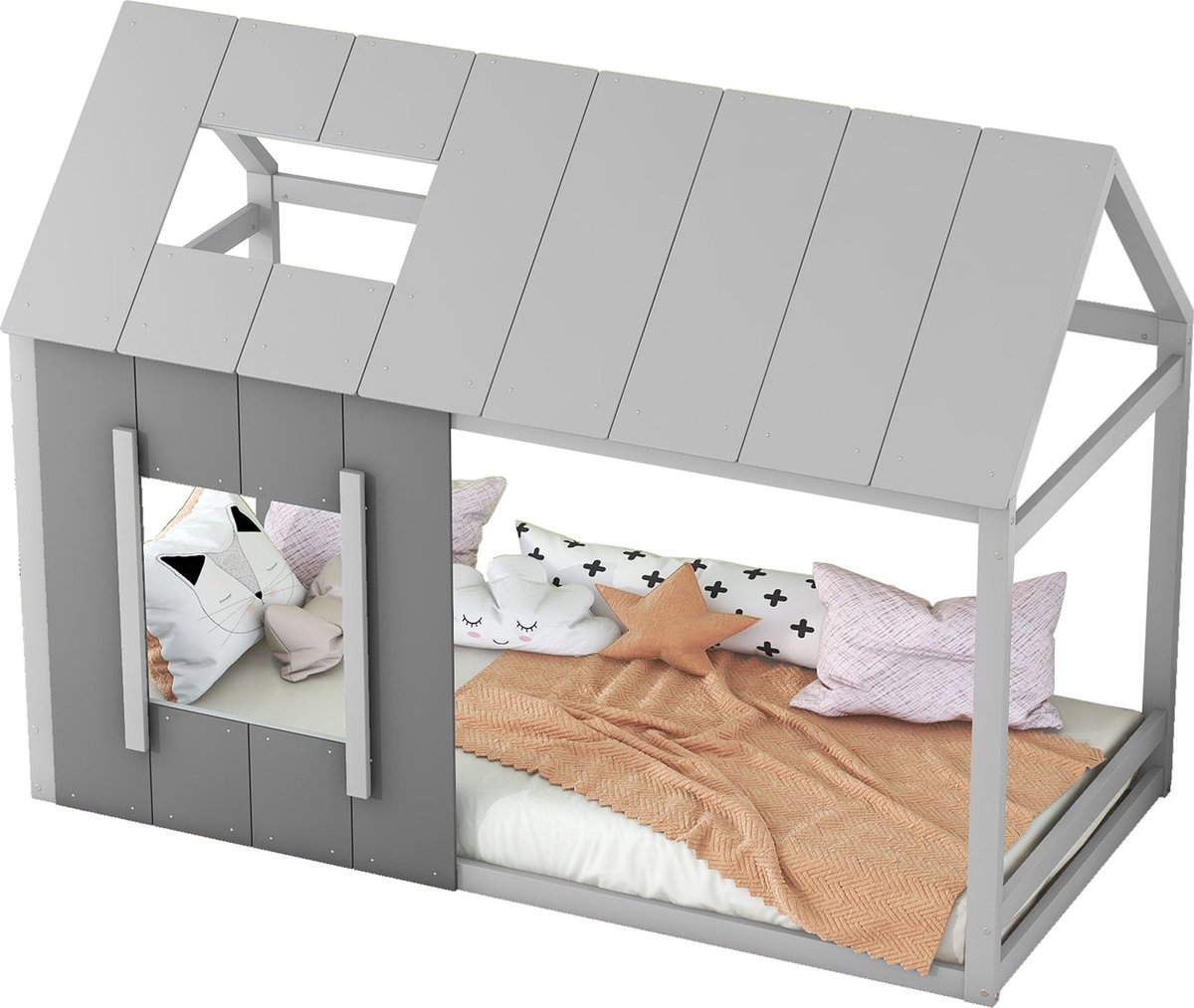 Merax Kinderbed 90x200 cm in Huisvorm – Eenpersoonsbed met Dak en Raam – Grenenhout Grijs en Lichtgrijs