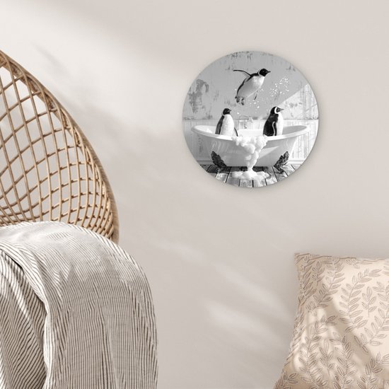 WallCircle® Wandcirkel 30x30 cm - Muurcirkel Pinguïns - Vintage - Dieren - Zwart - Wit - Vogels - Badkamer - Bad - Muurdecoratie cirkel woonkamer - Wanddecoratie slaapkamer - Kamer decoratie accessoires - Ronde schilderijen binnen