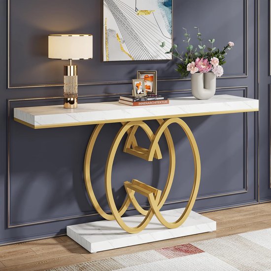 TRIBESIGNS - Table Console Moderne - Buffet avec Pieds Géométriques en Métal - Table d'Appoint - Faux Marbre/Métal - Wit/ Or -140 x 35 x 80 cm