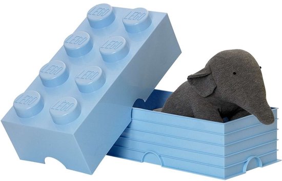 Boîte de rangement LEGO bleu clair avec un éléphant en tissu gris à l'intérieur.