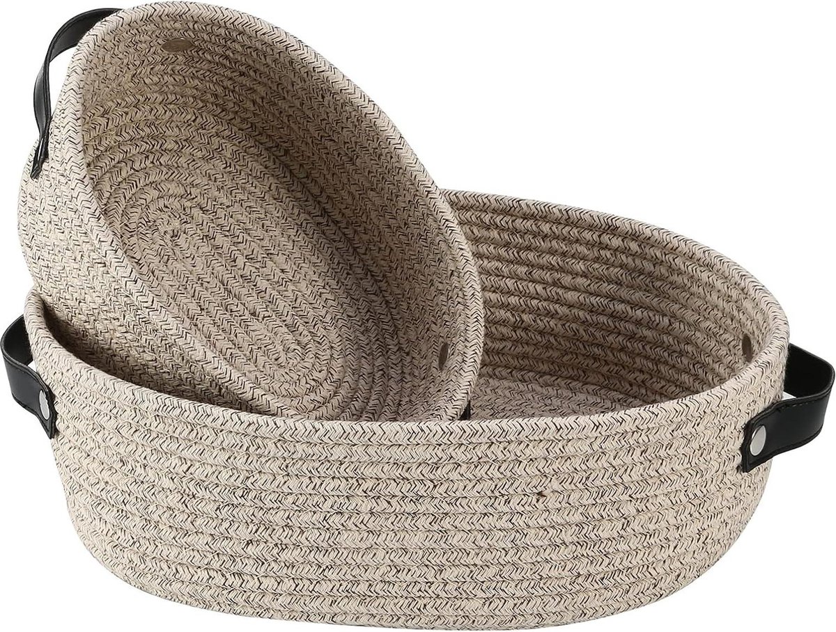 Goedkoopste Kleine Geweven Mand Met Handvat Katoen - Ovale Touw Manden Kamer Opslag - Kat Mand Weinig Organizer Bins Boho - Wasmand Kinderkamer Voor Baby Hond Speelgoed - Geschenken - 2Pack