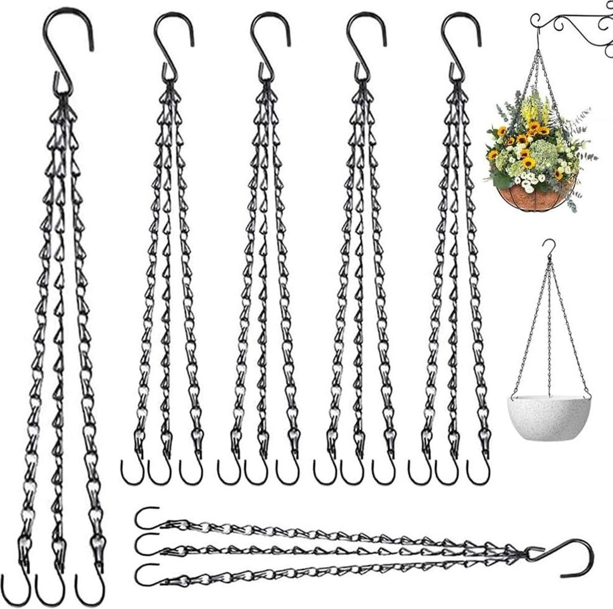 Plantenhanger met 6 stuks bloemenhangers en S-haken - 46 cm metalen kettingen - zwarte hanger voor hangende bloempotten