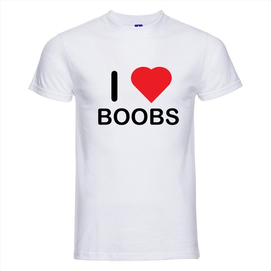 I LOVE BOOBS T-shirt - 100% Katoen - Maat L - Classic Fit - Wit