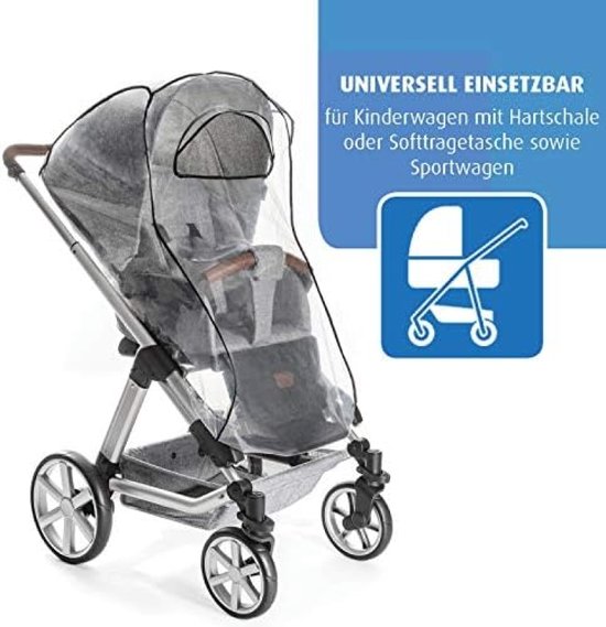 Grijze kinderwagen met regenhoes en een icoon van een kinderwagen met tekst 'Universeel inzetbaar'.