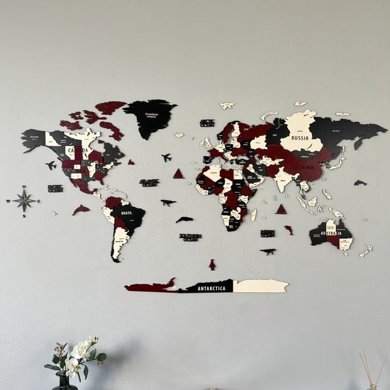Wanddecoratie - Wereldkaart - Wereldkaart Prikbord - Wereldkaart Wanddecoratie - Houten Wereldkaart - Wereldkaart Hout - Muurdecoratie - Cadeau - Verjaardag Cadeau - Housewarming Cadeau - Mix Bourgondië - M - 100x54 CM