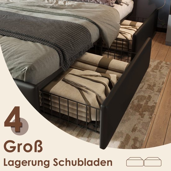 Merax Lit Double Queensize 160x200 cm avec Matras en Mousse Froide - Lit rembourré en Simili Cuir avec 4 tiroirs et LED- Siècle des Lumières - Zwart