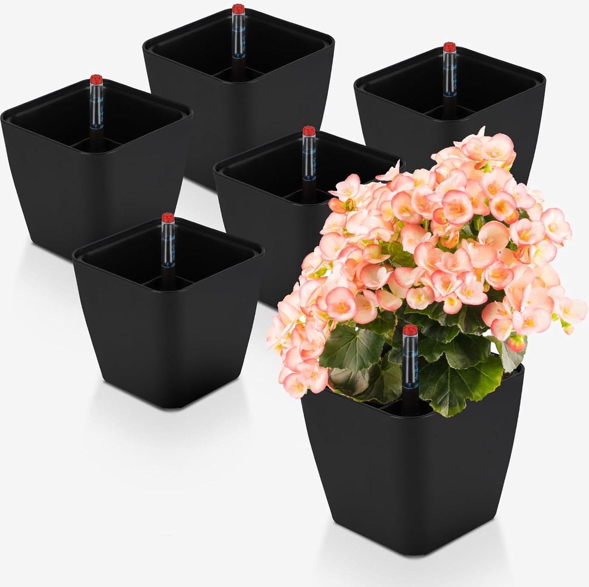 Zelfbewaterende pot met waterniveau-indicatoren kruidenpot voor binnen en buiten zelfbewaterend 137 x 135 cm bloempot met pot-in-potsysteem bloempot voor luie tuiniers zwart set van 6