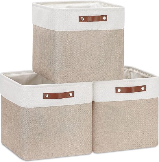 Opvouwbare linnen geweven stoffen opbergkubusdozen 25 cm - set van 3 - lichtkaki en wit