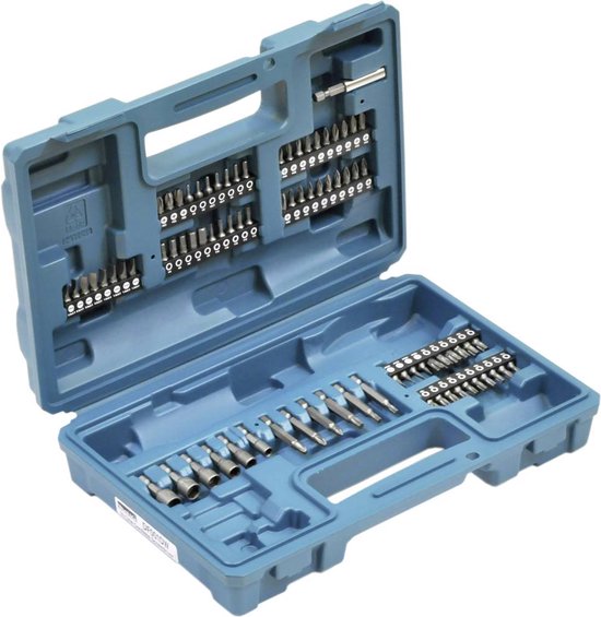 Open turquoise koffer met een grote set schroefbits.