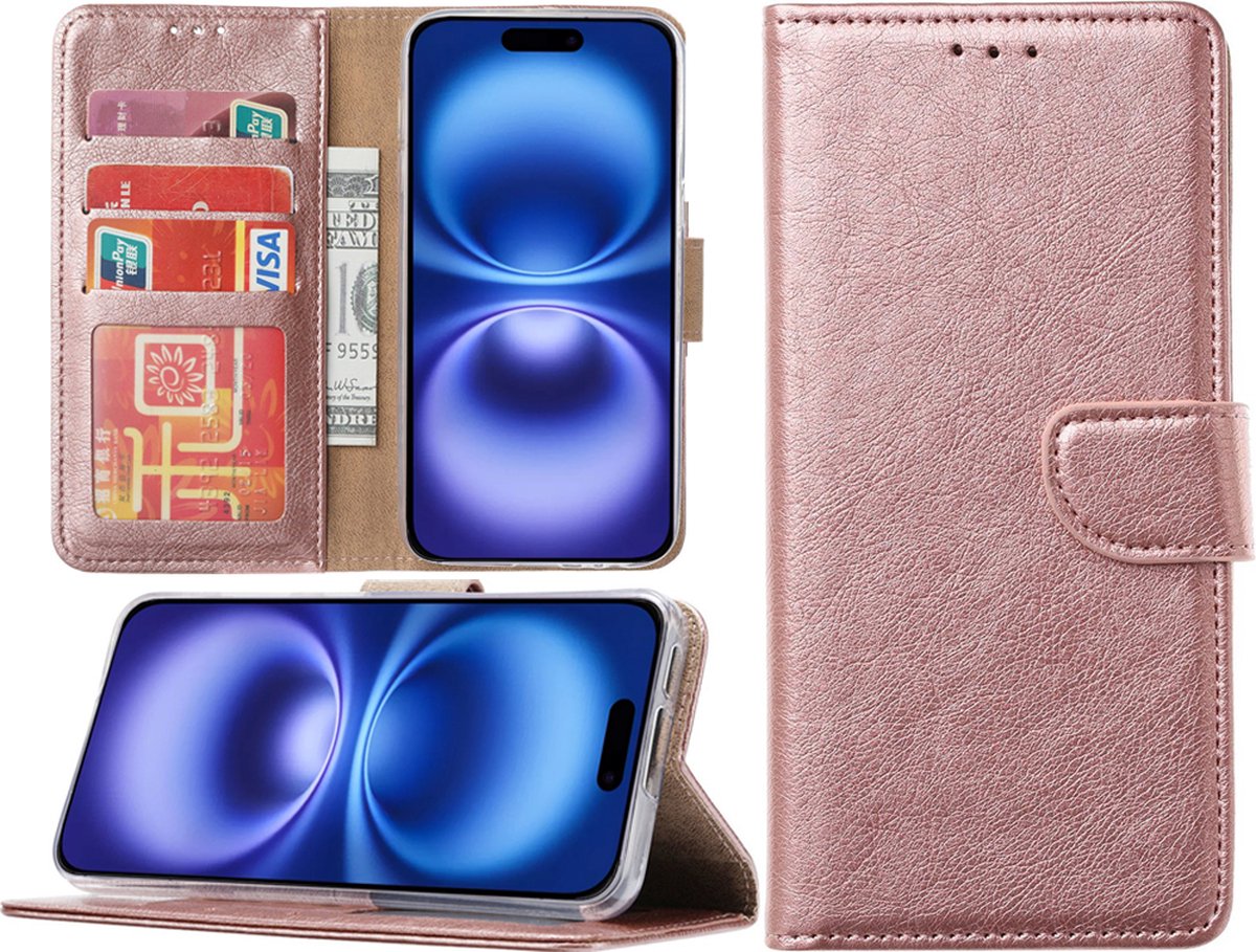 Hoesje Geschikt voor iPhone 16 hoesje – portemonnee bookcase met pasjeshouder – Rosegoud