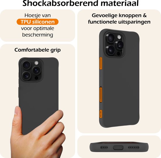 Une main tient une coque d'iPhone noire. La coque montre un matériau absorbant les chocs et est confortable.