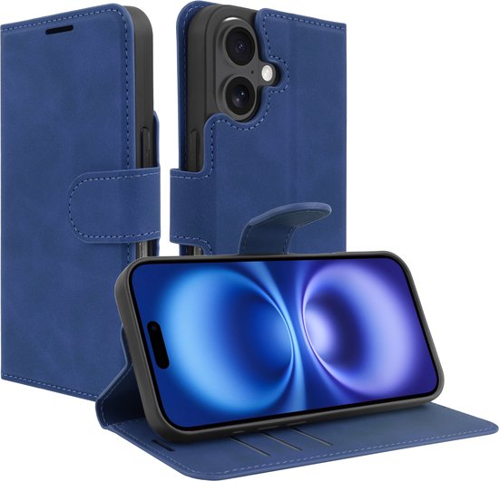 Cazy Case adapté pour iPhone 16 - Étui Premium avec Porte-Cartes - Bookcase de Luxe - Blauw