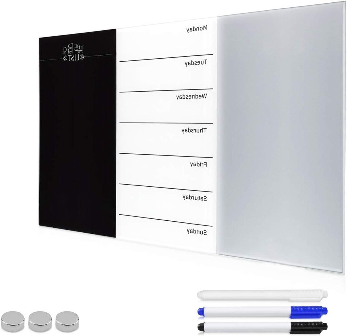 Weekplanner 40x60 cm Glas Magnetisch Whiteboard met Stift Uitwisbaar - Inclusief Weekplanner Magneet Set - Zwart Wit