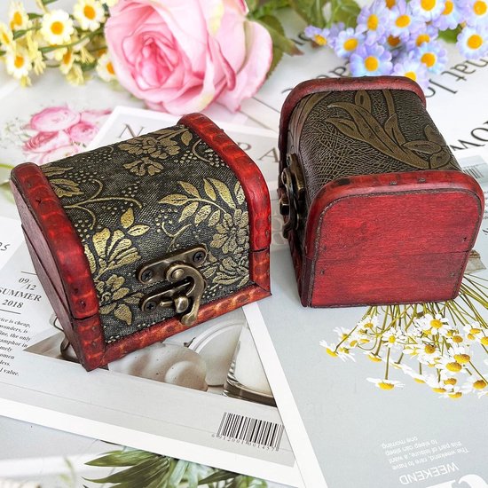 Fayemint 2 Stukken Mini Houten Schatkist, Vintage Opbergdoos voor Sieraden, Oorbellen, Kettingen en Andere Geschenken