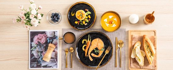 Serviesset - 8 Persoons Servies - Keramiek - Diner- en Dessertborden, Kommen en Kopjes - 32-delige Set - Zwart - Goud
