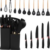 Set d'ustensiles de cuisine Noctis – Set de 19 pièces en marbre Zwart avec support – Accents en bois – Sans BPA – Ustensiles de cuisine – Résistant à la chaleur – Batterie de cuisine en Siliconen