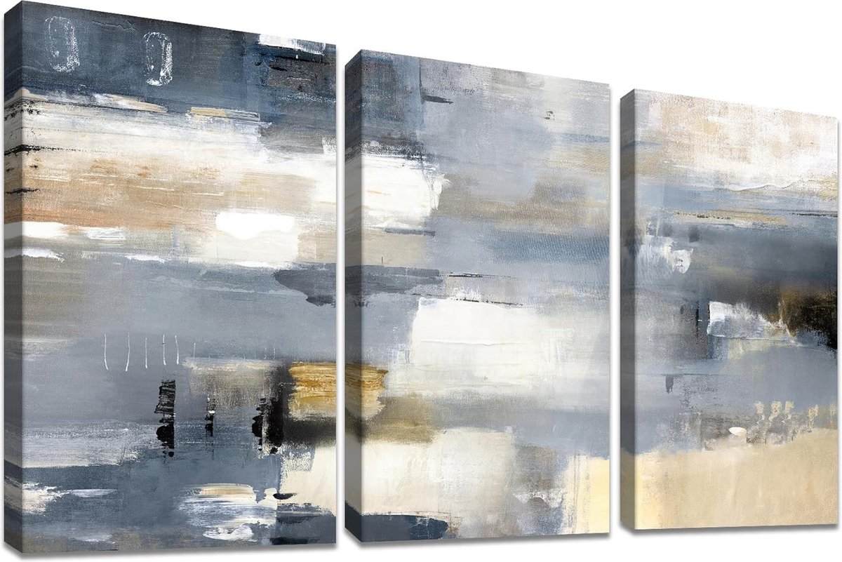 Goodivery ® Abstracte Grijze Gele 3-Delige Canvas Schilderij Met Frame Wanddecoratie 150 x 70 cm