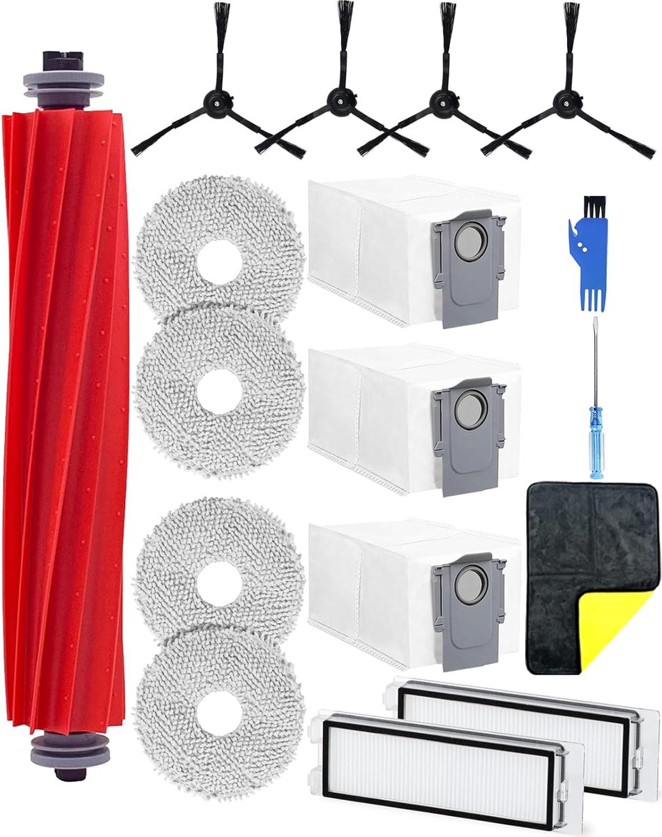 Geschikt Voor zes maanden 17 stuks reserveonderdelen set geschikt voor Roborock Q Revo stofzuiger accessoires kit: 1 hoofdborstel, 4 schoonmaakdoeken, 4 zwarte zijborstels, 2 HEPA-filters, 3 stofzuigerzakken