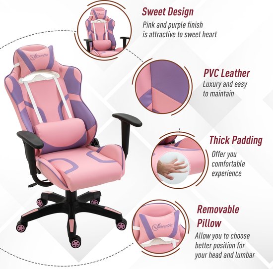 Vinsetto Gamingstuhl Computerstuhl Ergonomischer Bürostuhl Gamer Stuhl mit Kopfstütze Lendenkissen Bürostuhl höhenverstellbar 360°drehbar Schaumstoff Kunstleder PVC Rosa Weiß 64 x 67 x 119-127 cm