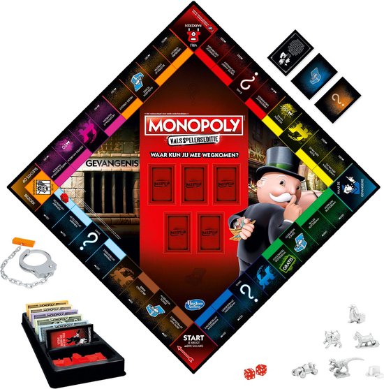 Monopoly Valsspelers Editie bordspel met Mr. Monopoly, gevangenis, geld, dobbelstenen en fiches.