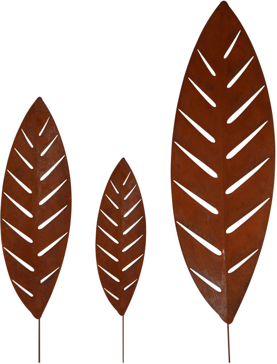 UNUS® Tuinsteker Palmbladeren 3-delige set metaal roestlook 50/70/100cm tuin terras balkon