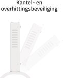 Detail van de achterkant van de witte glazen convectorverwarming die kantelt, met "KANTEL- EN OVERVERHITTINGSBEVEILIGING".
