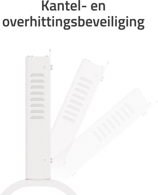 Detail van de achterkant van de witte glazen convectorverwarming die kantelt, met "KANTEL- EN OVERVERHITTINGSBEVEILIGING".