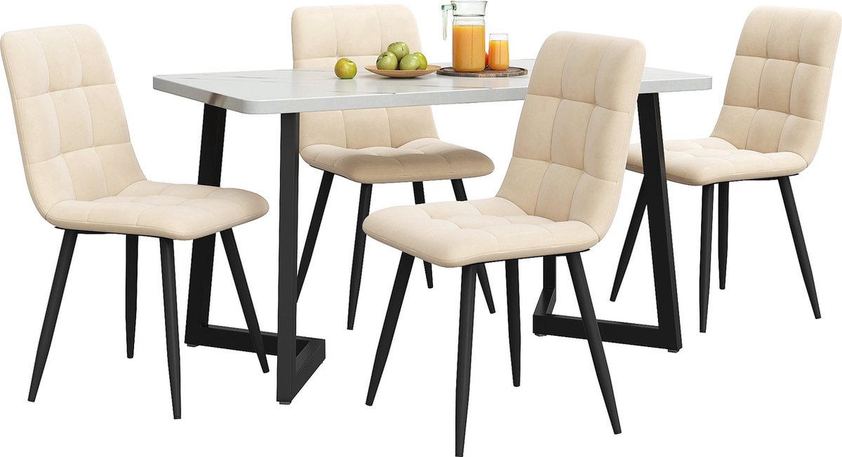 Merax Eetkamerset 5-Delig – Rechthoekige Eettafel met 4 Beige Fluwelen Stoelen – Modern Design