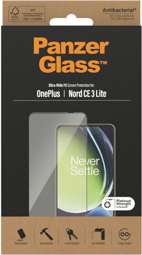 Verpakking voor PanzerGlass screenprotector voor OnePlus Nord CE 3 Lite. Met iconen voor bescherming.