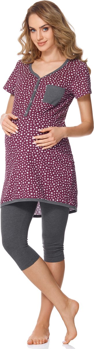 Bellivalini Dames Zwangerschapspyjama - Korte mouwen - Korte broek met borstvoedingsfunctie - Katoen - BLV-BLV50-126-PJ - Wijnrood Sterren/Grafiet - S