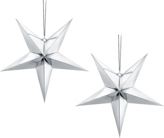 Pakket van 6x stuks kerstster decoratie zilveren ster lampionnen 30 cm - Zilveren kerststerren hangdecoratie 30 cm