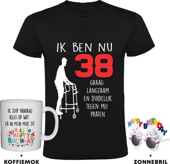 38 jaar Heren T-shirt + Koffiemok + Happy birthday bril - 38e verjaardag - feest - grappig