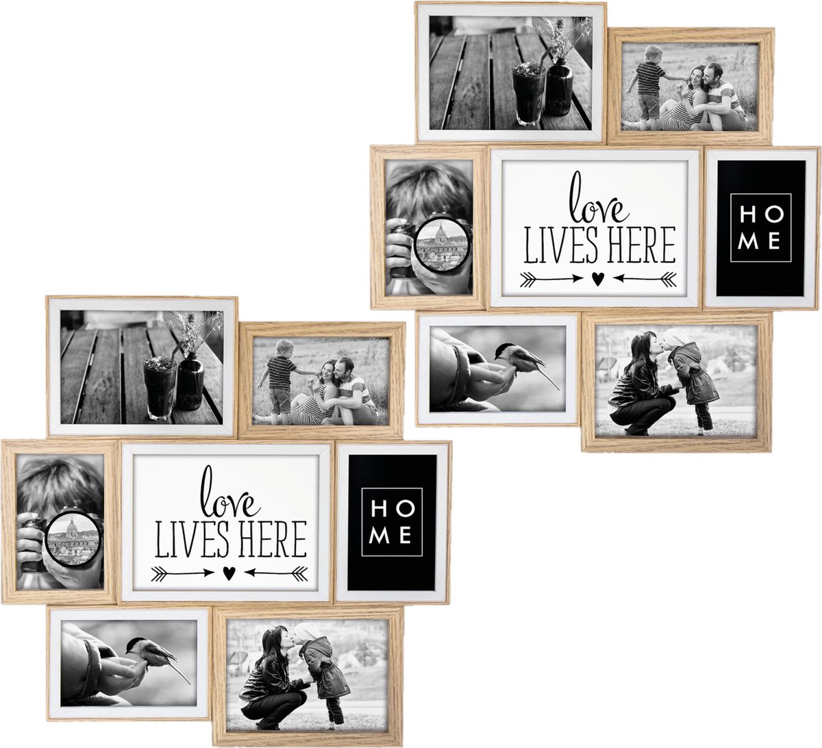 Zep collage fotolijst - 2x stuks - houten frame - naturel/wit - 7 lijstjes - geschikt voor diverse maten foto