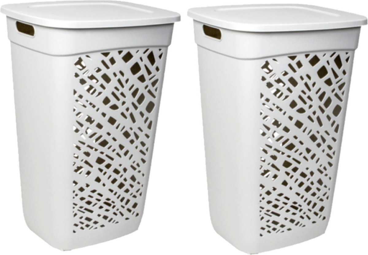Goedkoopste 2x stuks wasmanden/wasboxen met deksel licht grijs kunststof L43 x B36 x H63 cm - 60 liter - Wasmanden/wasboxen