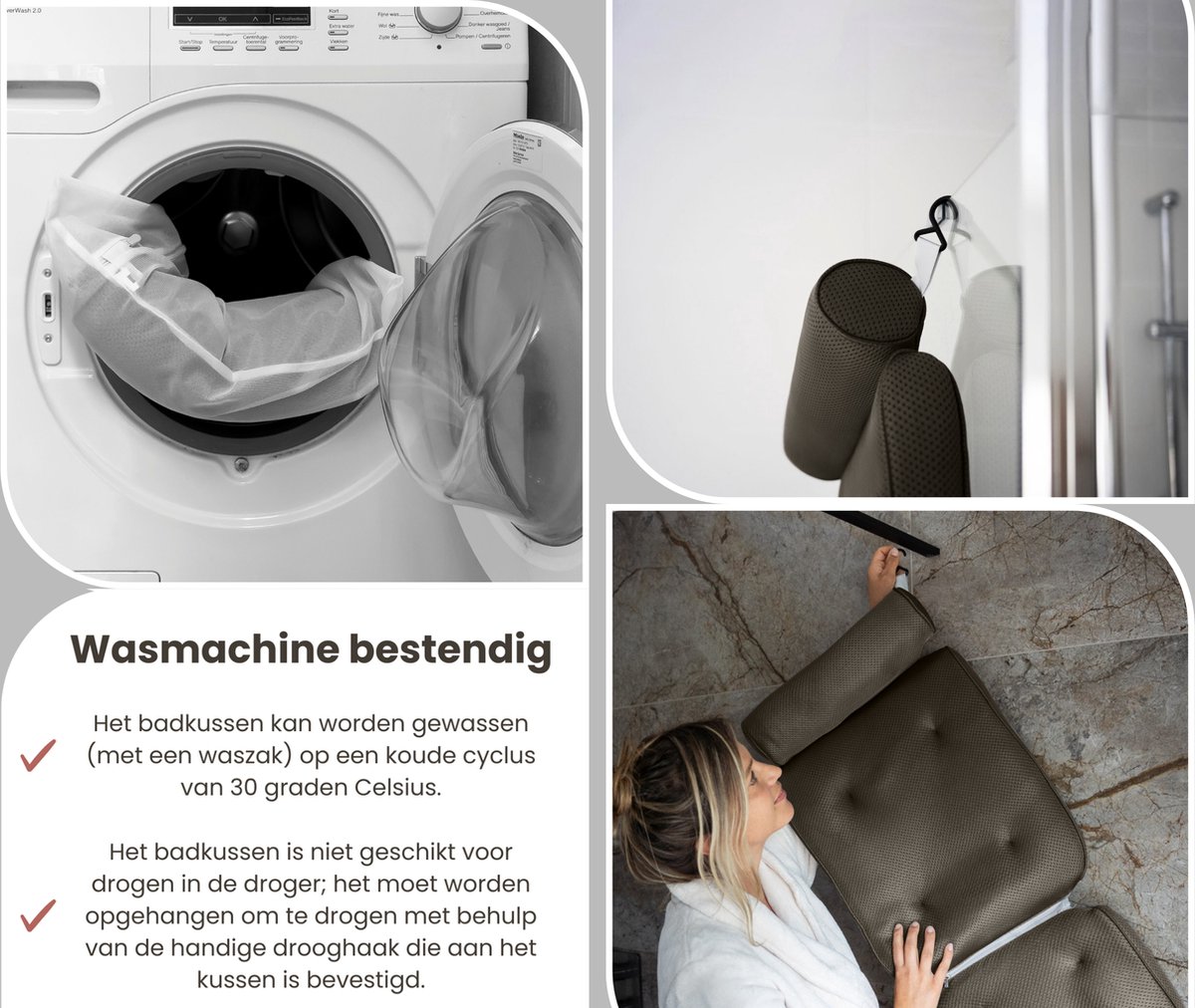 HelloBath® - Luxe Badkussen (afritsbaar) - Kussen voor in bad - Nek - en rugondersteuning in bad - Badzitje - Incl. Waszak - Zwart — afbeelding 10