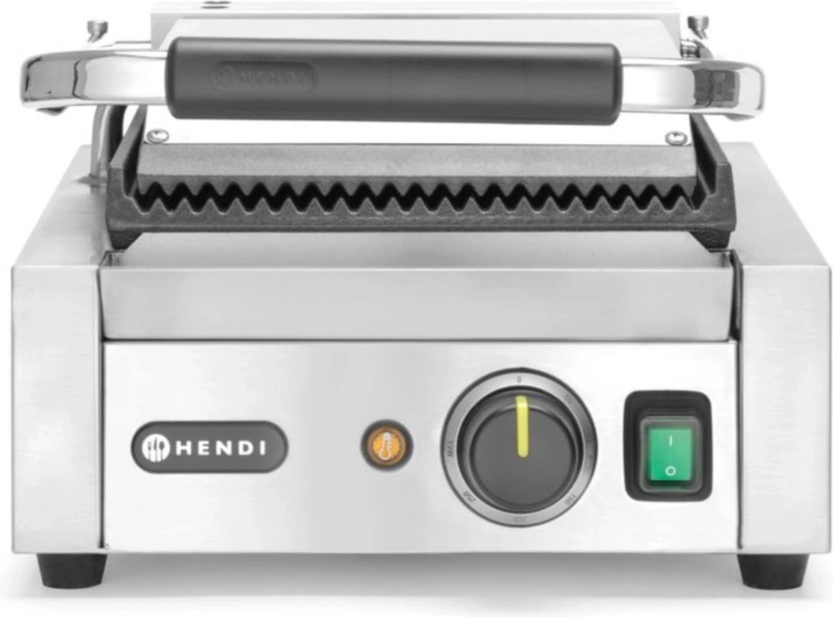 Hendi Contactgrill Enkel - Professionele Panini Grill - Gegroefd/Gegroefd - 31x37x(H)21cm