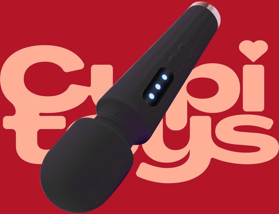 Zwarte vibrator op een rode achtergrond met grote, lichtroze tekst 'Cupitoys'.