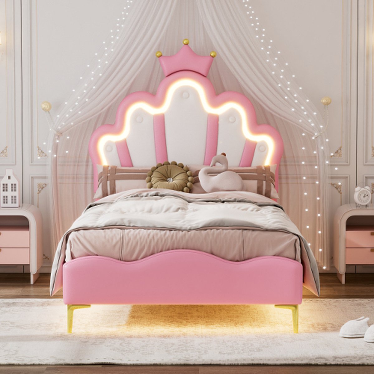 vidaXL 90*200cm plat tweepersoonsbed, kroonvormig prinsessenbed, zachte PU-lederen vulling, verstelbare LED-sfeerlichtstrip, roze rood