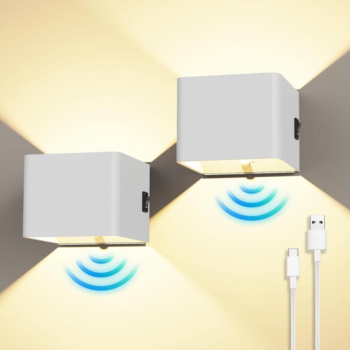 Led-wandlamp 5 W met bewegingsmelder en schakelaar - oplaadbaar - warmwit draadloos - slaapkamer en gang - magnetisch - gericht licht - wit - 2 stuks wandlamp oplaadbaar