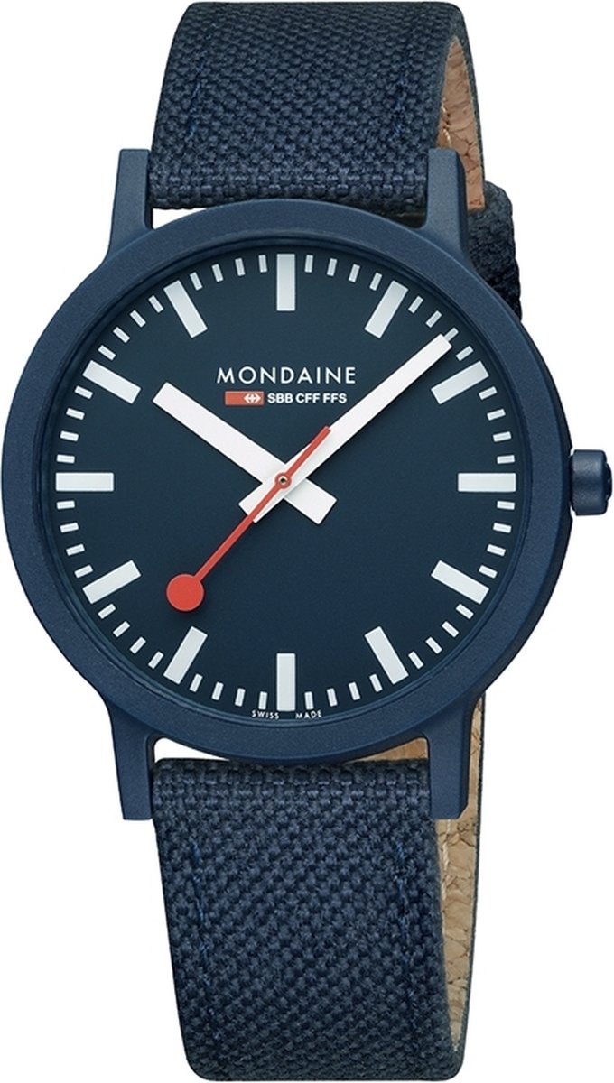 Mondaine MS1.41140.LD Essence Unisex Horloge - Stationsklok - Mineraalglas - Staal-Kunststof - Blauw - Ø 42 mm - Quartz - Gesp - 3 ATM (spatwater)