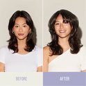Voor en na foto van een vrouw met donker haar. Voor: haar is stijl. Na: haar is volumineus.