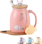 Lot De 2 Mugs Chat Mignons En Céramique - 450ml Avec Couvercle Bois Et Cuillère - Cadeau Parfait Pour Amoureux Des Chats