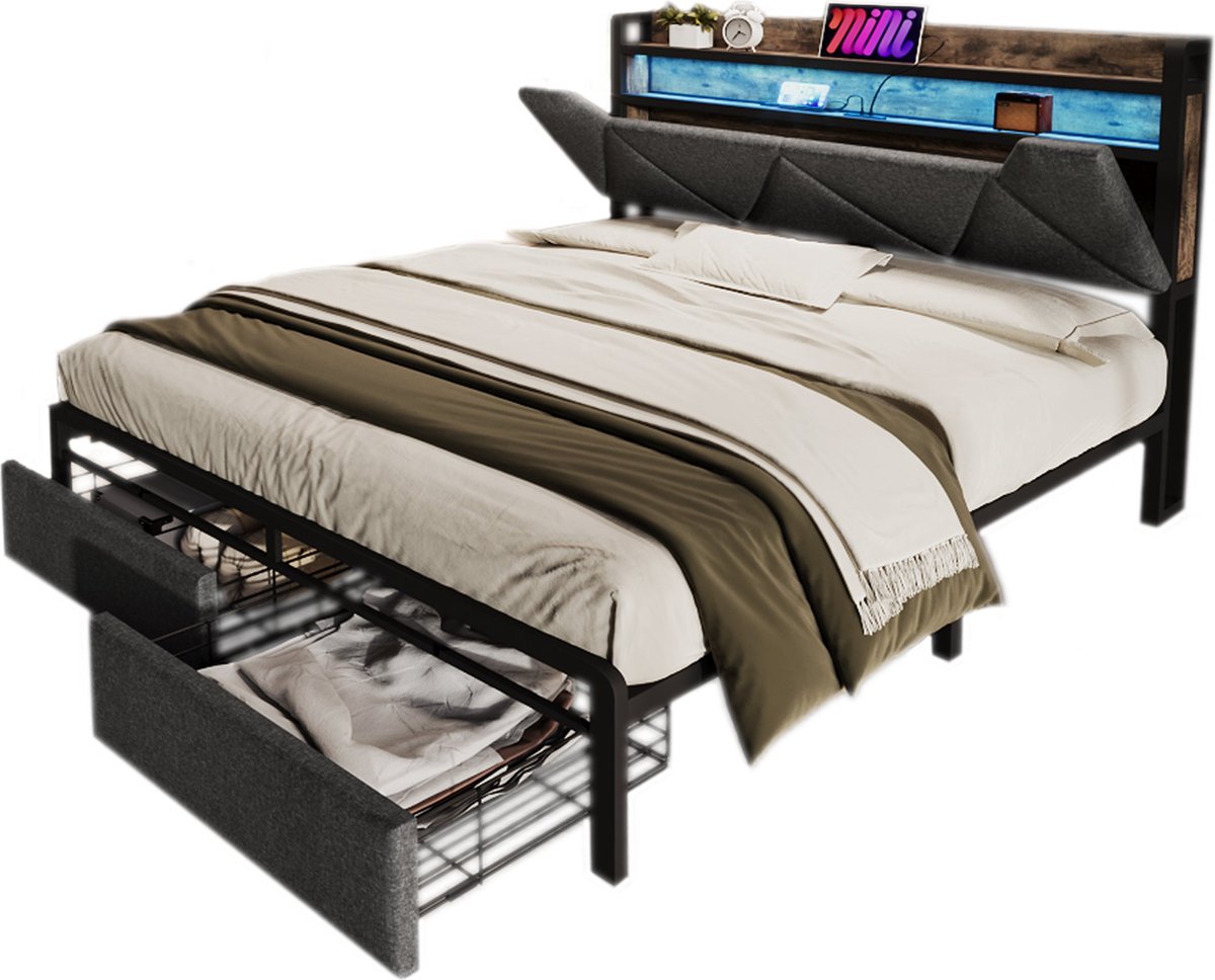 Merax gestoffeerd bed 160x200 cm – Luxe bed met USB-C oplaadfunctie, opberg-hoofdbord, LED-verlichting, lades en lattenbodem – Grijs