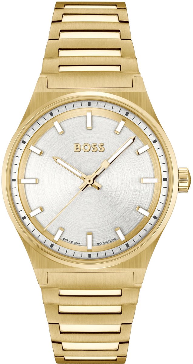 BOSS HB1502738 CANDOR FOR HER Dames Horloge - Mineraalglas - Staal - Goudkleurig - 35 mm breed - Quartz - Vouw-Vlindersluiting - 5 ATM (douchen)