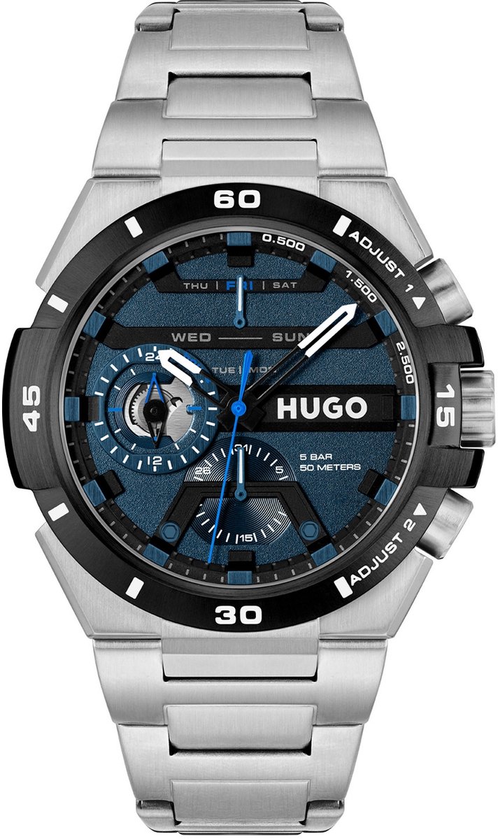 HUGO HU1530337 #WILD Heren Horloge - Mineraalglas - Staal - Zilverkleurig - 46 mm breed - Quartz - Vouw-Vlindersluiting - 5 ATM (douchen)