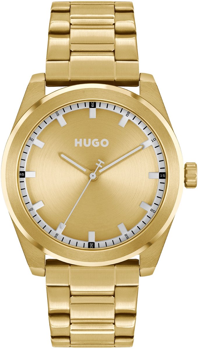 HUGO HU1530354 #BRIGHT Heren Horloge - Mineraalglas - Staal - Goudkleurig - 42 mm breed - Quartz - Vouw-Vlindersluiting - 5 ATM (douchen)